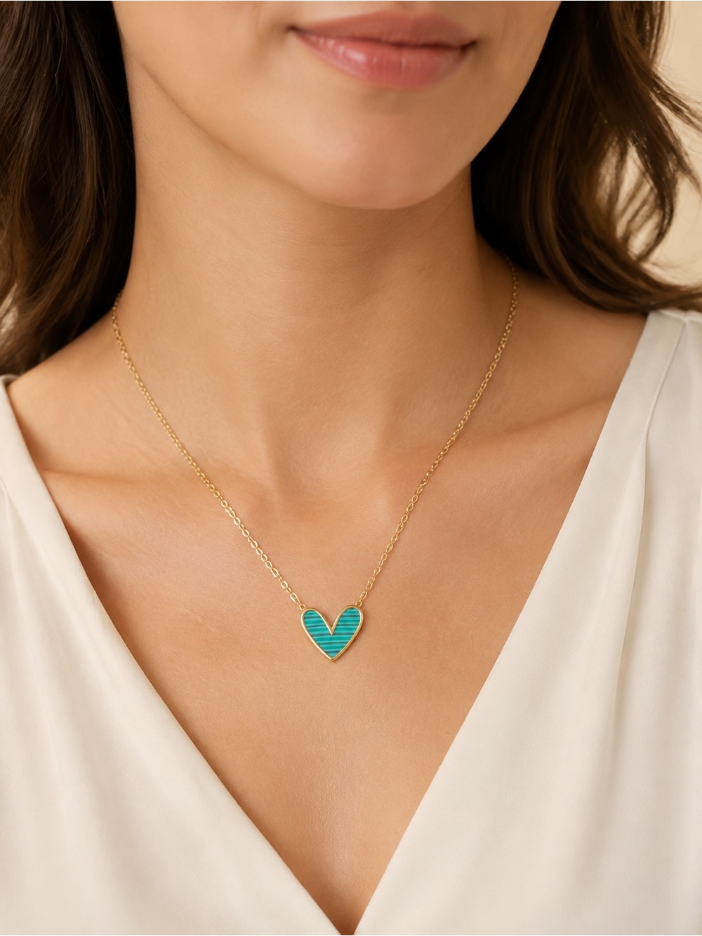 Gold Chain Necklace with Turquoise Heart Pendant - Women Jewelry Steel 316L